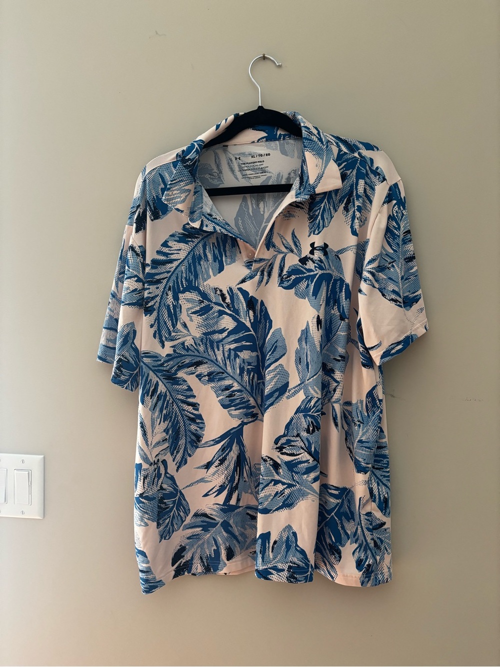 Under Armour Blue Leaf Print golf Polo on Light Pink